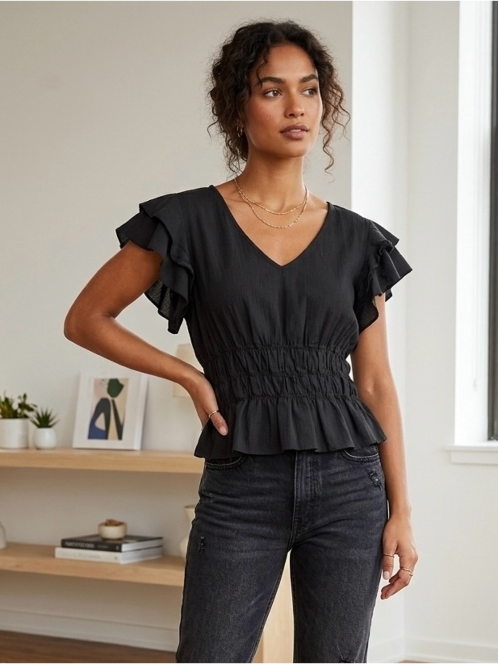 CISONO Black Ruffle Sleeve V-Neck Woven Lightweight Sleek Cotton Blouse. Size L